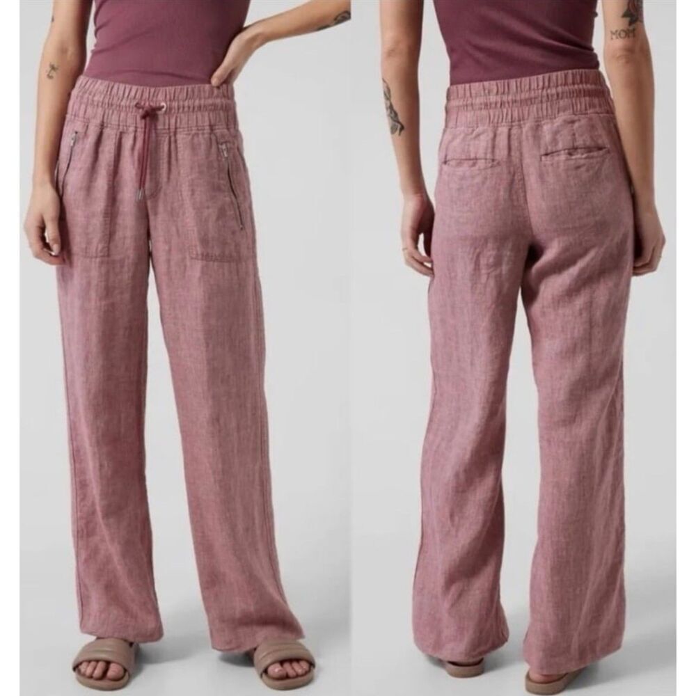Athleta Women Size 4 Cabo Pink Linen Straight Leg Pant Casual Resort Travel